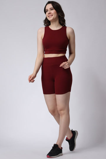 Women's Gym Co-Ord Set Ribbed Sleeveless in Maroon 