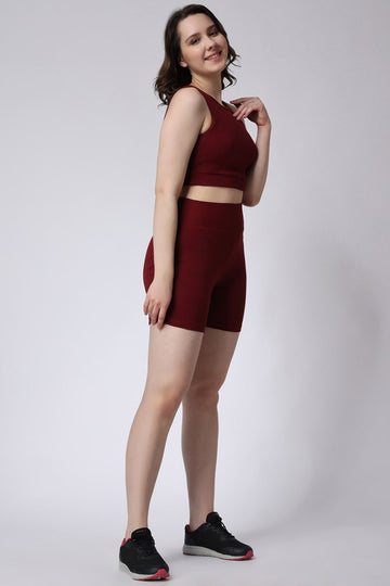 Maroon Gym Co-Ord Set Ribbed Sleeveless for Women