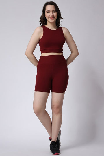 Women's Gym Co-Ord Set Ribbed Sleeveless in Maroon Color