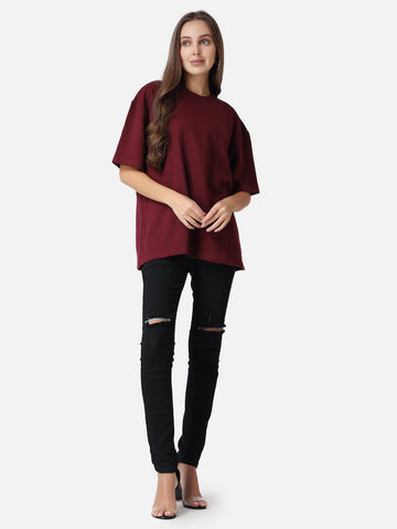 Women's Maroon Plain Oversized Drop Shoulder T-shirt