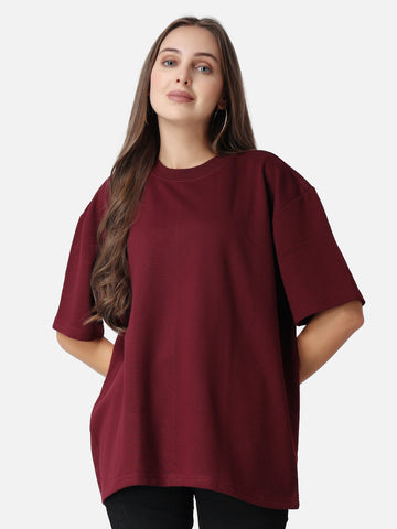 Women's Plain Oversized Drop Shoulder T-shirt Maroon Style