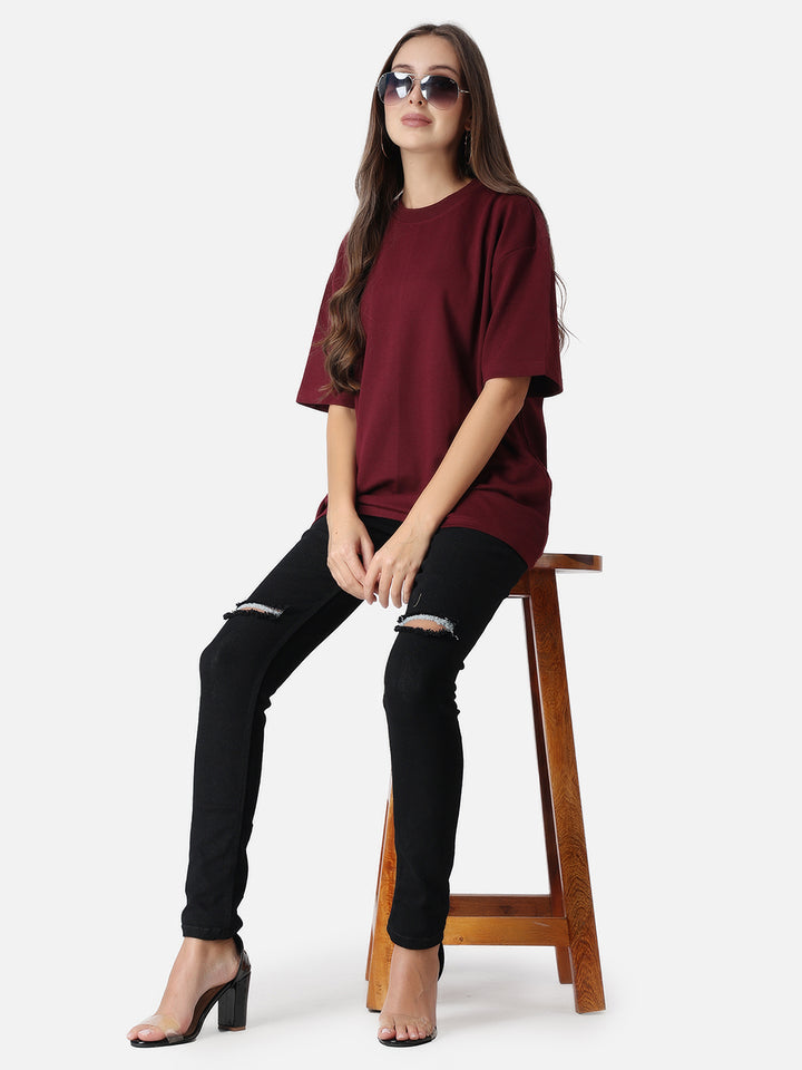 Women's Maroon Plain Oversized Drop Shoulder T-shirt 