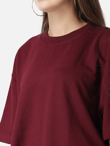 Women's Plain Oversized Drop Shoulder T-shirt Solid Maroon  