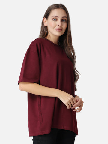 Maroon Plain Oversized Drop Shoulder T-shirt for Women