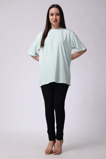 Mint Green Plain Oversized Drop Shoulder T-Shirt for Women