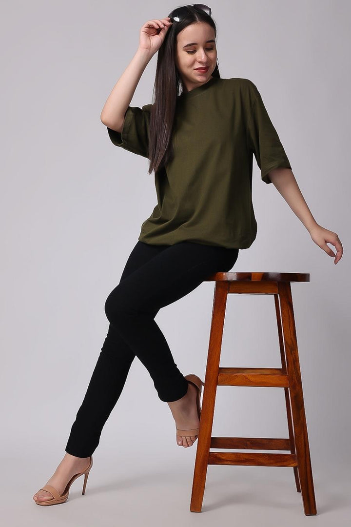 Women's Olive Green Plain Oversized Drop Shoulder T-Shirt