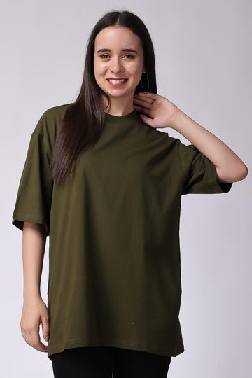 Women's Plain Oversized Drop Shoulder T-Shirt Olive Green 