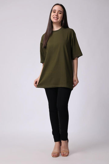 Olive Green Plain Oversized Drop Shoulder T-Shirt Women