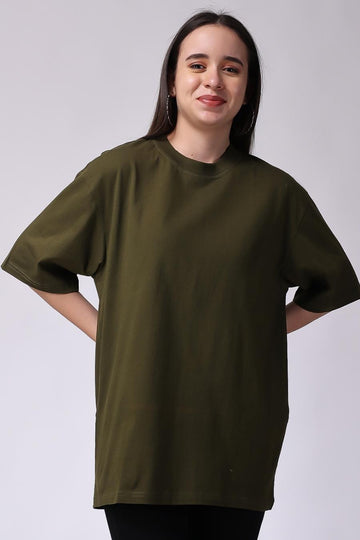 Olive Green Plain Oversized Drop Shoulder T-Shirt for Women