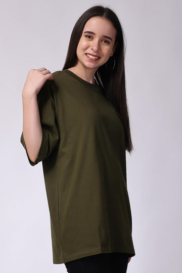 Olive Green Plain Oversized Drop Shoulder T-Shirt for Women