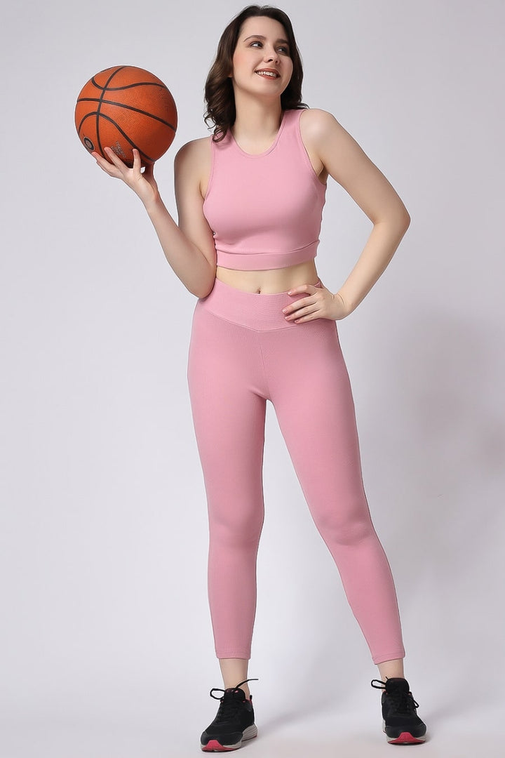 Women's Gym Co-Ord Set 2 Piece Slim Fit Sleeveless in Pink Color