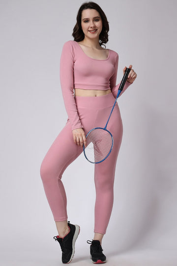 Women's Gym Co-Ord Set Leggings & Full Sleeves Crop Top Pink Color