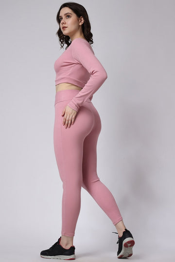 Pink Gym Co-Ord Set Leggings & Full Sleeves Crop Top for Women