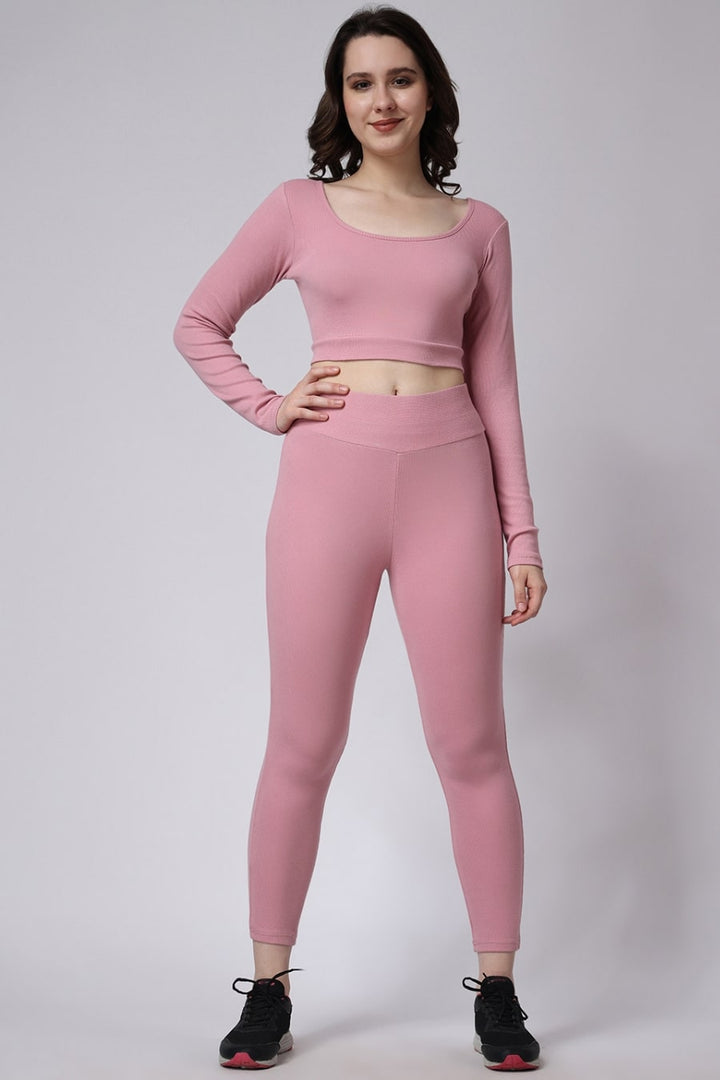 Women's Gym Co-Ord Set Leggings & Full Sleeves Crop Top in Pink Color