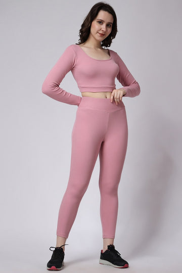 Women's Gym Co-Ord Set Leggings & Full Sleeves Crop Top in Pink 