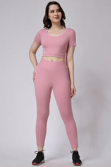 Women's Gym Co-Ord Set Ribbed Half Sleeve Pink Color 