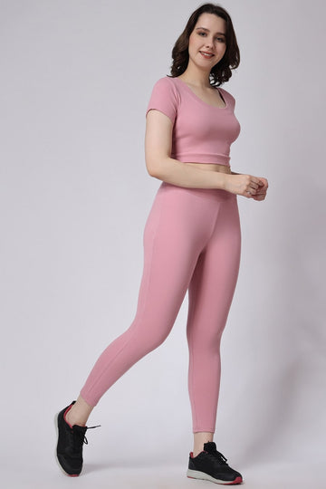 Women's Gym Co-Ord Set Ribbed Half Sleeve Color Pink 