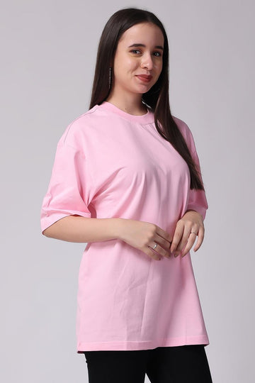 Pink Plain Oversized Drop Shoulder T-Shirt for Women