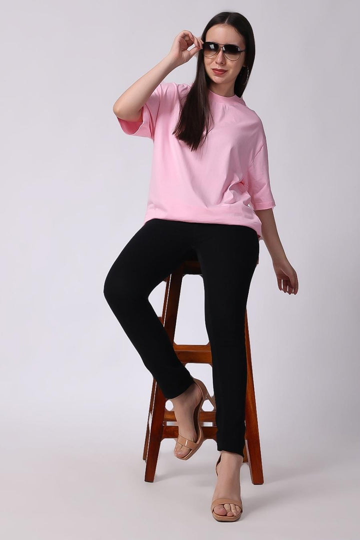 Women's Pink Plain Oversized Drop Shoulder T-Shirt