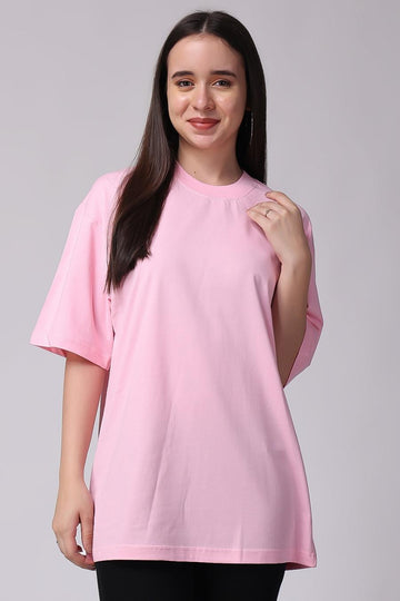 Pink Plain Oversized Drop Shoulder T-Shirt for Women