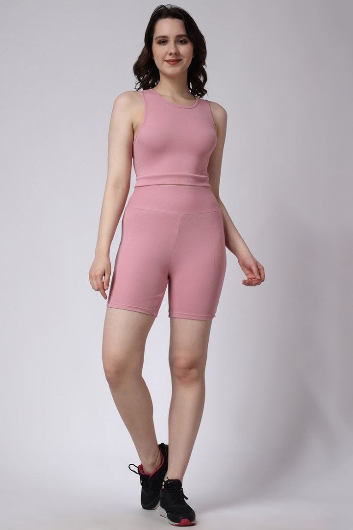 Women's Ribbed Gym Co-Ord Set Sleeveless Pink 