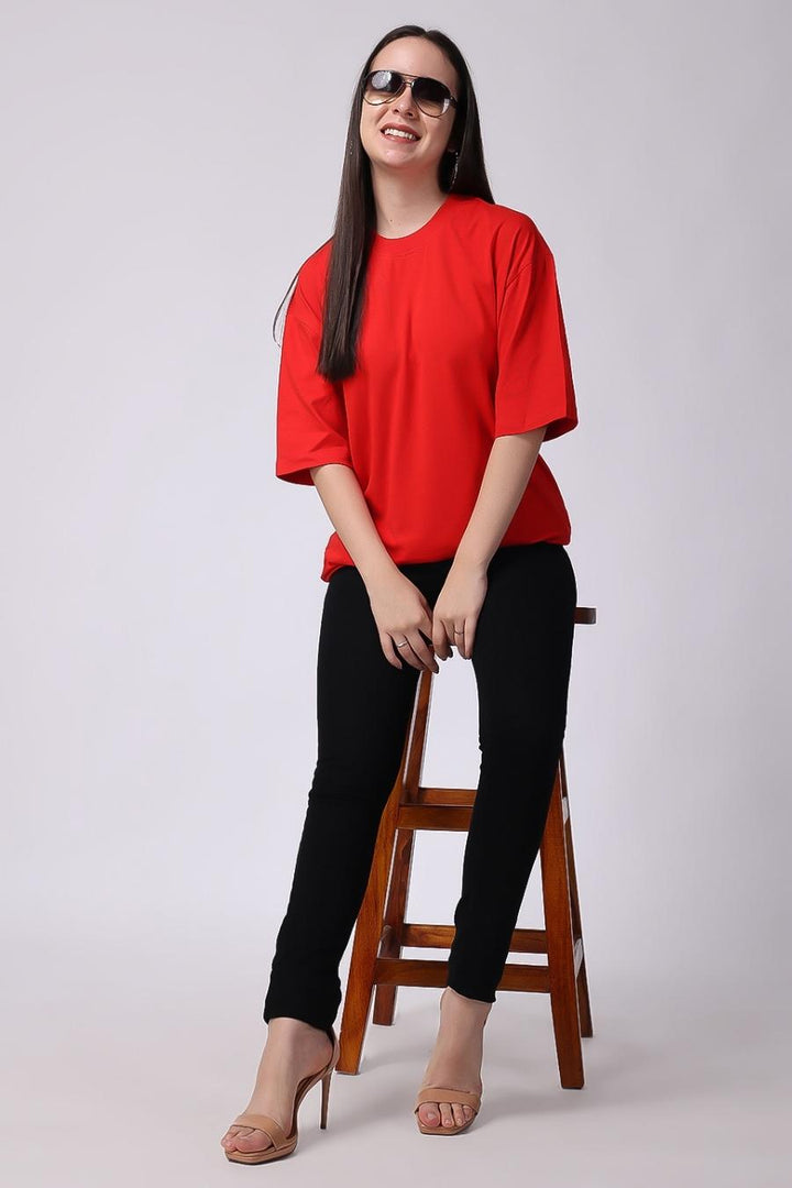 Women's Red Plain Oversized Drop Shoulder T-Shirt