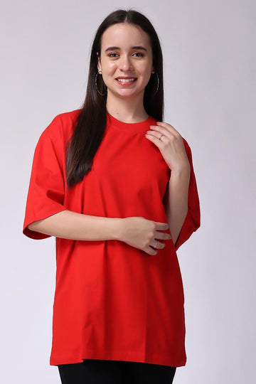 Red Plain Oversized Drop Shoulder T-Shirt for Women