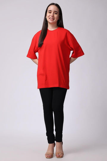 Red Plain Oversized Drop Shoulder T-Shirt Women Online