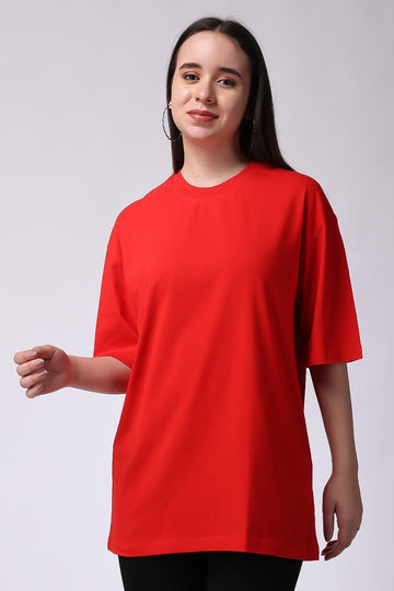 Red Plain Oversized Drop Shoulder T-Shirt for Women