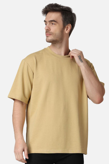 BEIGE PLAIN OVERSIZED DROP SHOULDER T SHIRT men