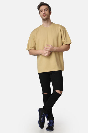 BEIGE PLAIN OVERSIZED DROP SHOULDER T SHIRT for men